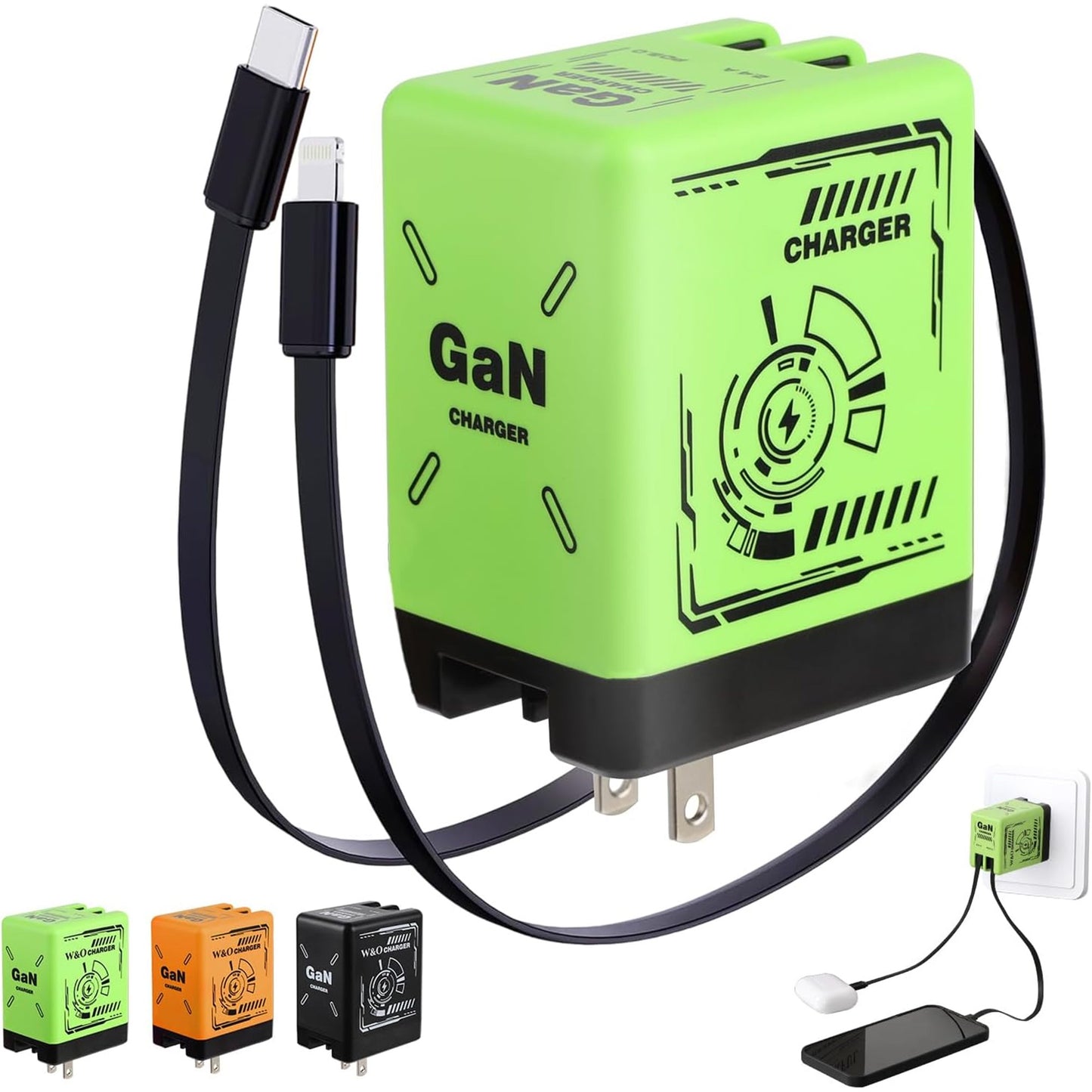 2-in-1 GaN Compatible with Fast Charger, GaN Charger Fast Charging, Retractable Phone Chargers Wall Plug