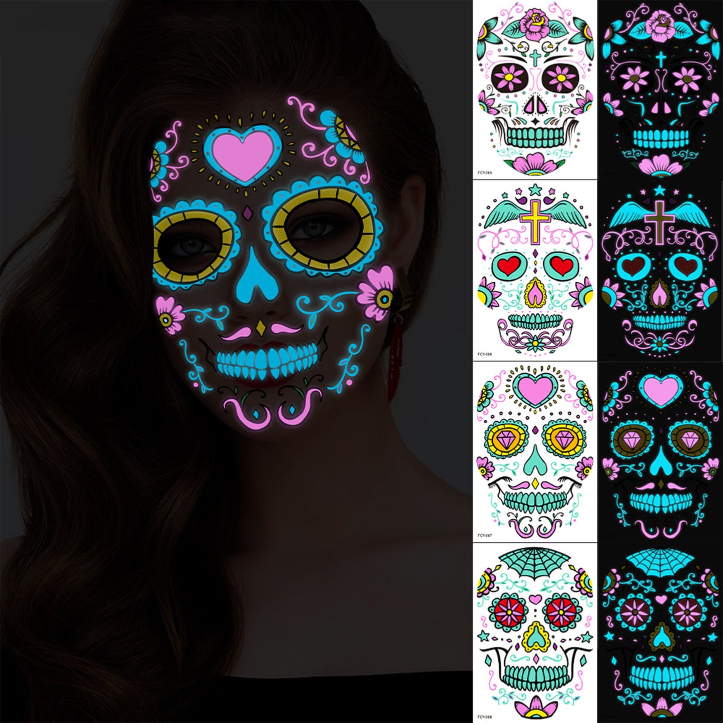 4pcs/set Halloween Glow Tattoos - UV Reactive Sugar Skull Face Decals