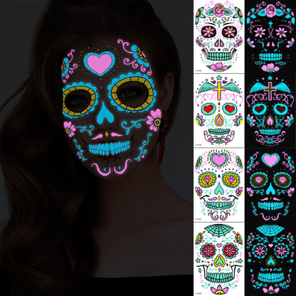 4pcs/set Halloween Glow Tattoos - UV Reactive Sugar Skull Face Decals