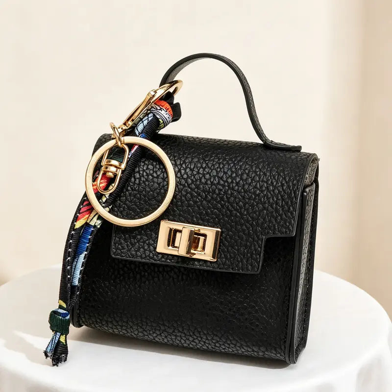 Mini Leather Square Bag Pendant Keychain with Colorful Strap