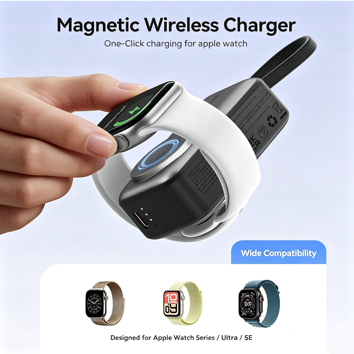 3-in-1 5000mAh Portable Charger with Built-in USB-C Cable | Mini Power Bank for Apple Watch