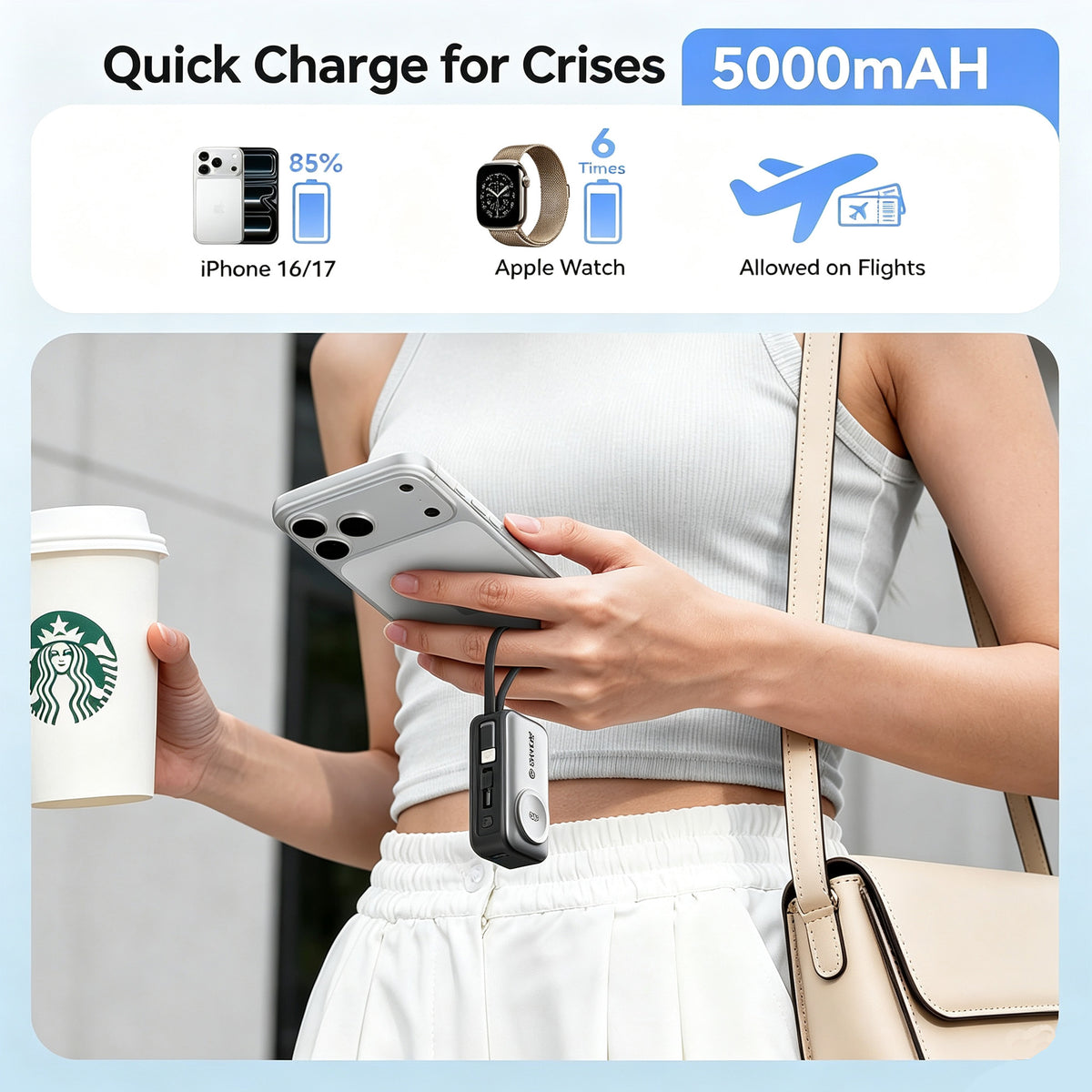 3-in-1 5000mAh Portable Charger with Built-in USB-C Cable | Mini Power Bank for Apple Watch