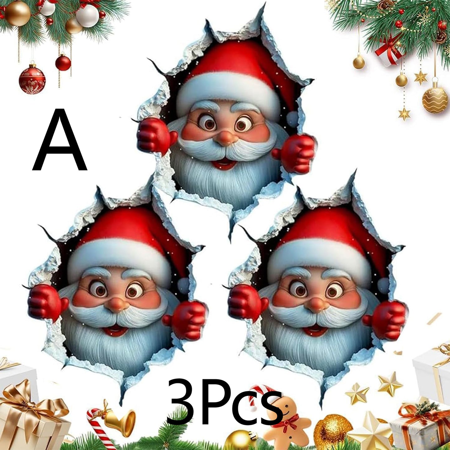 3Pcs Creative Christmas Santa Wall Stickers, Removable 3D Santa Wall Decal