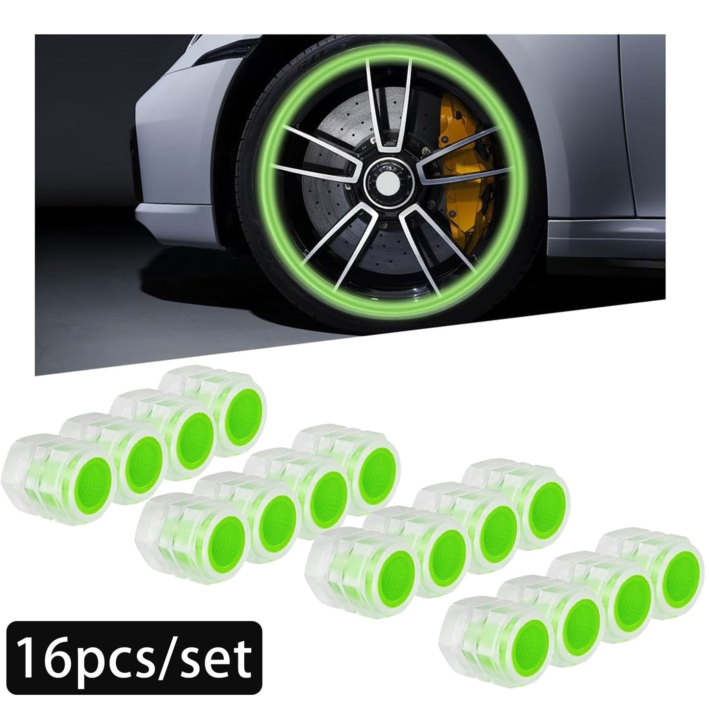 16PCS Fluorescent Tire Valve Stem Caps, Tire Valve Covers, Luminous Auto Wheel Air Valve Caps