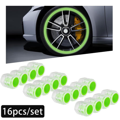 16PCS Fluorescent Tire Valve Stem Caps, Tire Valve Covers, Luminous Auto Wheel Air Valve Caps