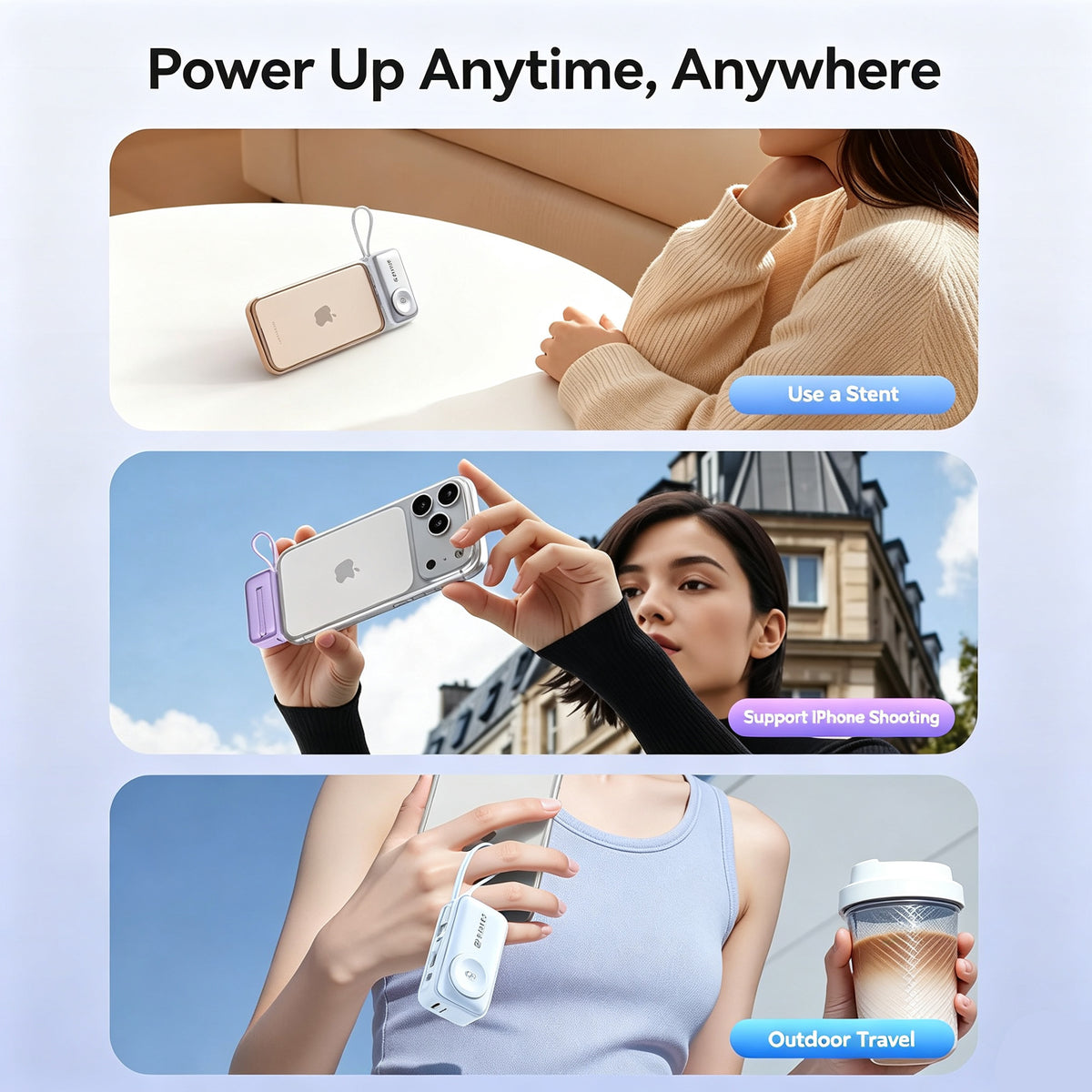 3-in-1 5000mAh Portable Charger with Built-in USB-C Cable | Mini Power Bank for Apple Watch