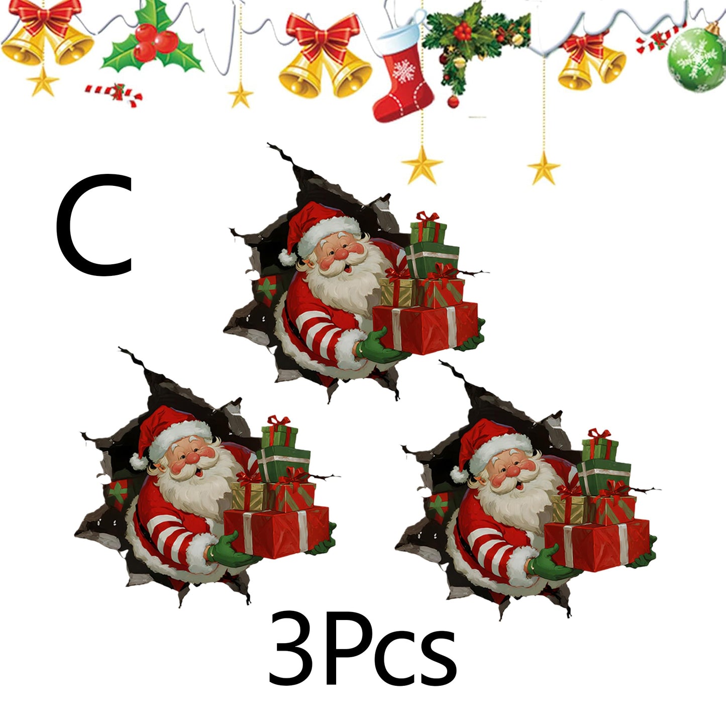 3Pcs Creative Christmas Santa Wall Stickers, Removable 3D Santa Wall Decal