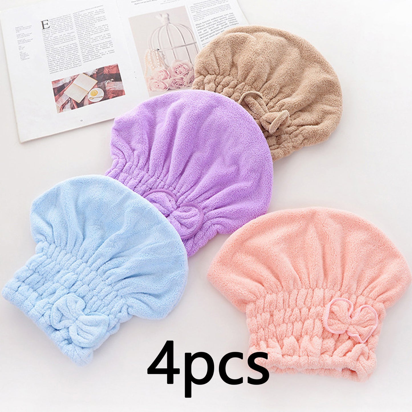 4Pcs Microfiber Hair Drying Turban with Button & Loop, Soft Coral Velvet, Highly Absorbent Fast Drying Head Wrap