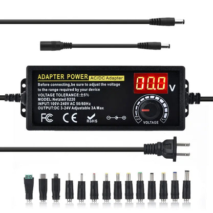 Adjustable Universal Power Supply 3V-24V 3A Max (72W) AC to DC Adapter with 14 Tips & Reverse Polarity Cable