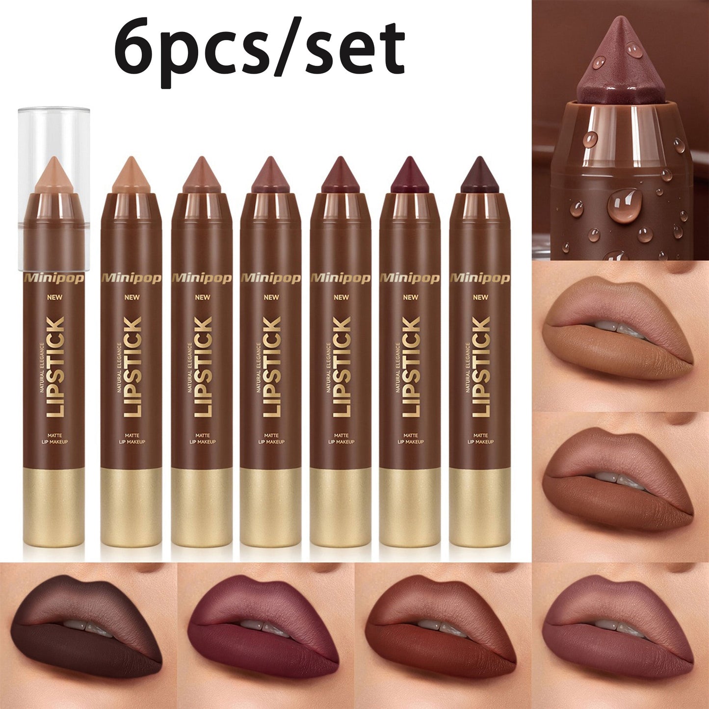 6 Pieces/set Mauve Brown Matte Lip Liner and Lipstick Combo Set Kit