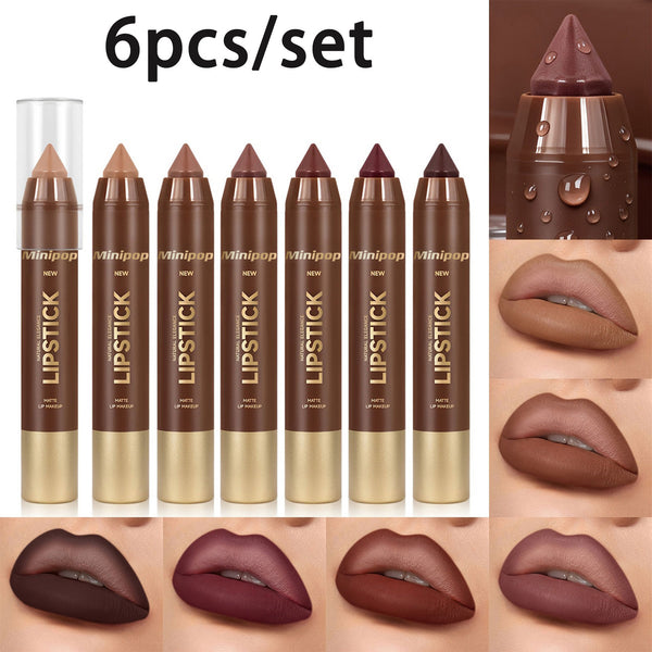 6 Pieces/set Mauve Brown Matte Lip Liner and Lipstick Combo Set Kit