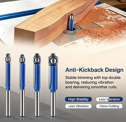 4 Piece Dual Bearing Flush Trim Router Bit Set, 1/4 Inch Shank Edge Trimming Tool for Woodworking, Deburring & Polishing
