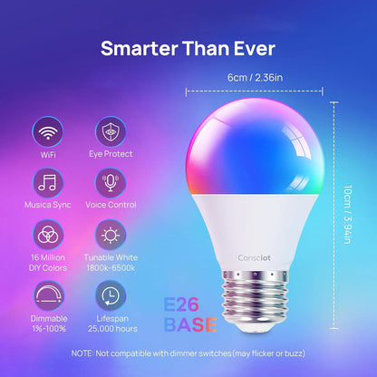 2PCS Smart Light Bulb, A19 Color Changing Light Bulb, 800 LM, E26 Base WiFi & Bluetooth