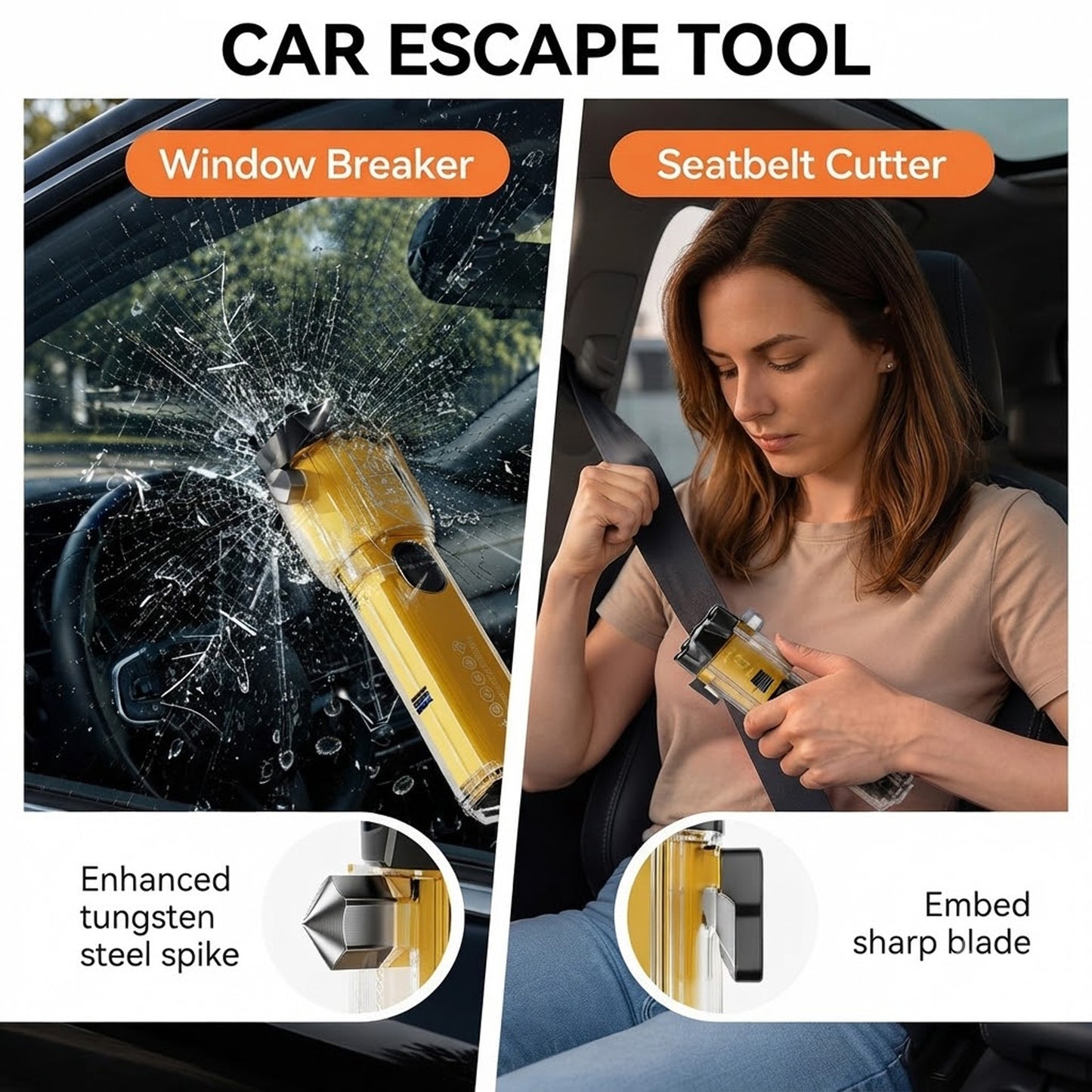 6-in-1 Emergency Flashlight for Car, Seatbelt Cutter Window Breaker, 3000 LM Flashlight Multifunctional Safety Tool