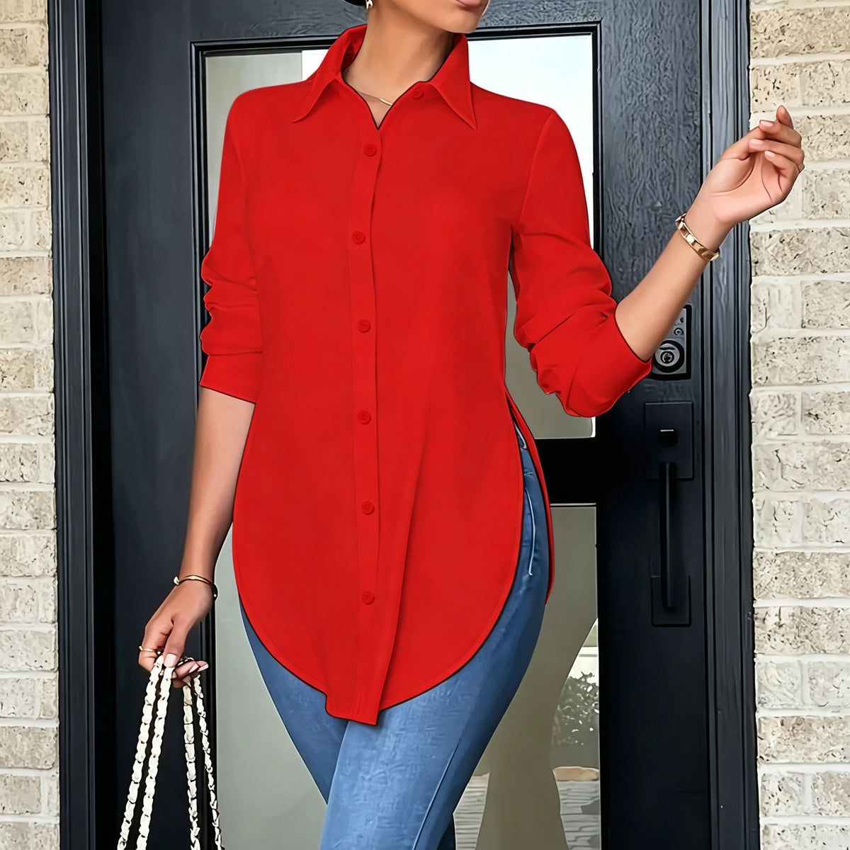 Women's Collar V Neck Long Sleeve Slit Side Button Down Long Shirt Blouse Top Tees with Curved Hem