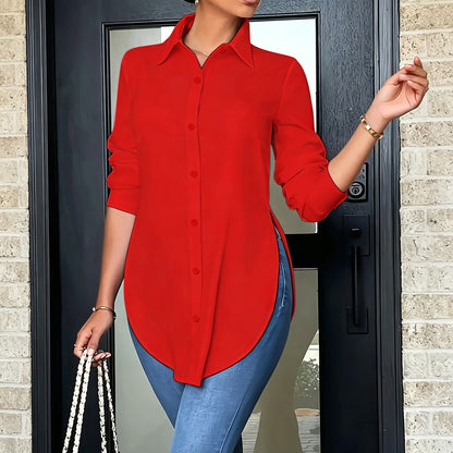 Women's Collar V Neck Long Sleeve Slit Side Button Down Long Shirt Blouse Top Tees with Curved Hem