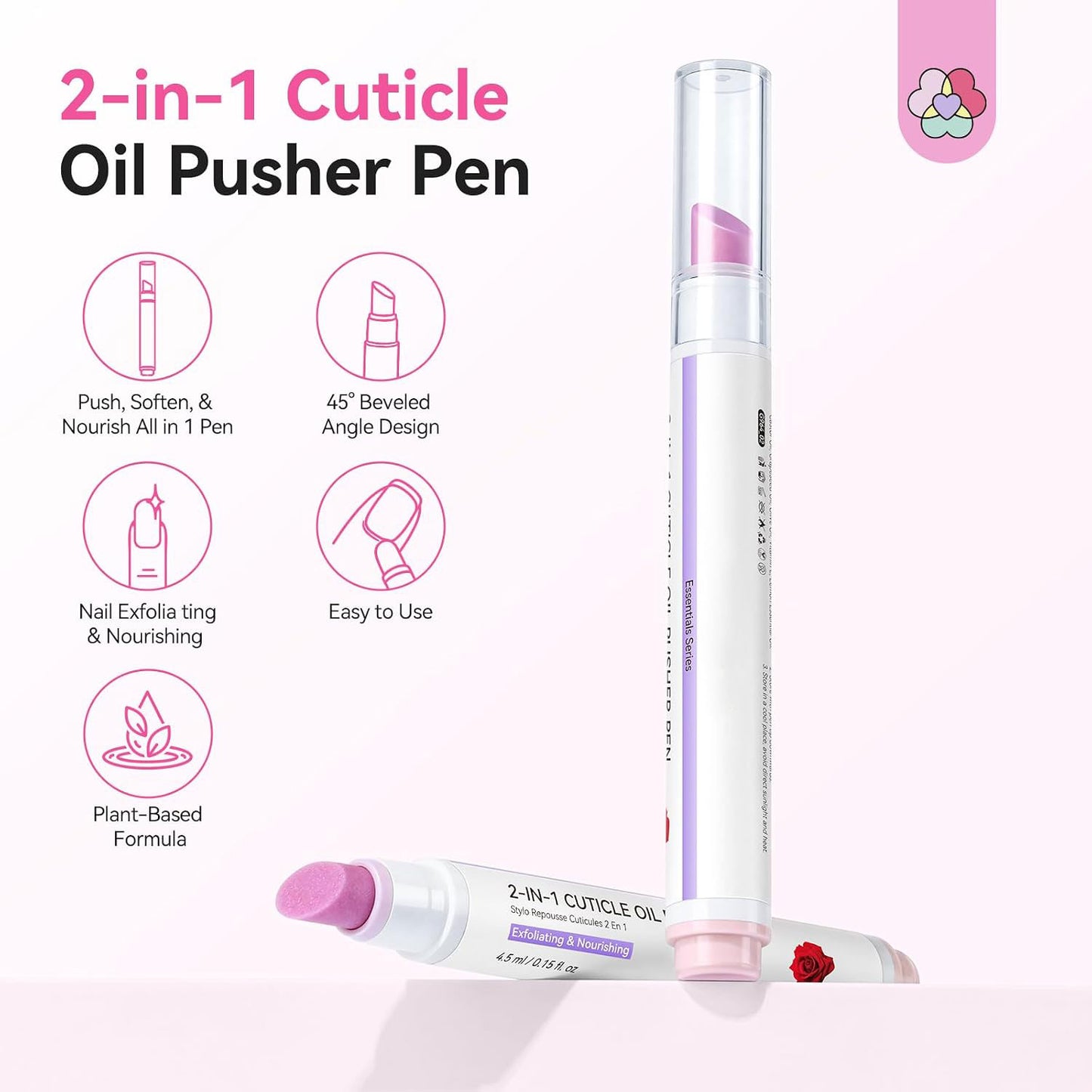 2PCS 2-In-1 Cuticle Remover Pen: 45° Textured Tip Ceramic Cuticle Pen