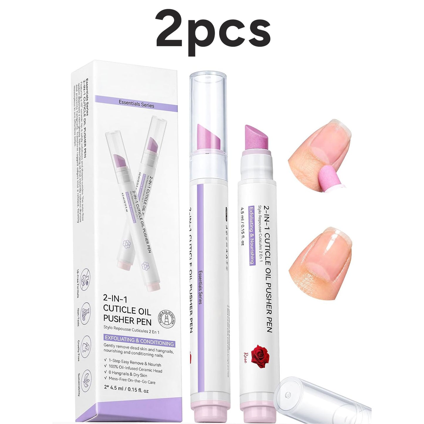 2PCS 2-In-1 Cuticle Remover Pen: 45° Textured Tip Ceramic Cuticle Pen