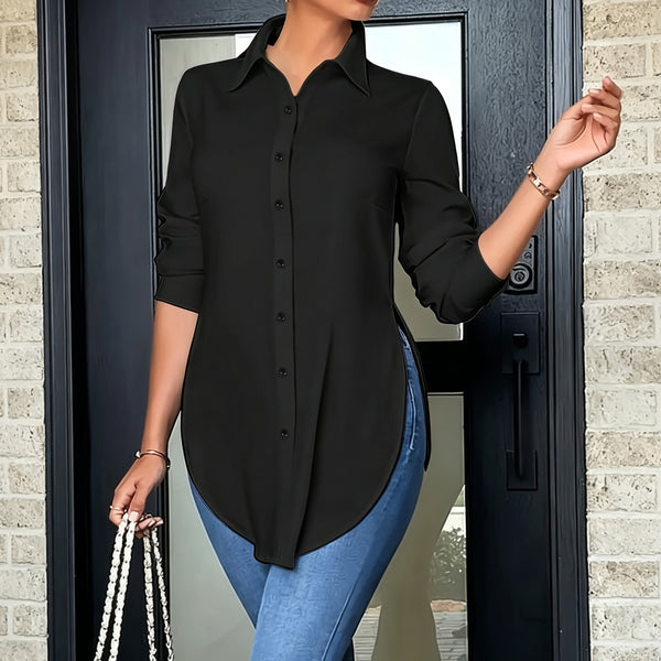 Women's Collar V Neck Long Sleeve Slit Side Button Down Long Shirt Blouse Top Tees with Curved Hem