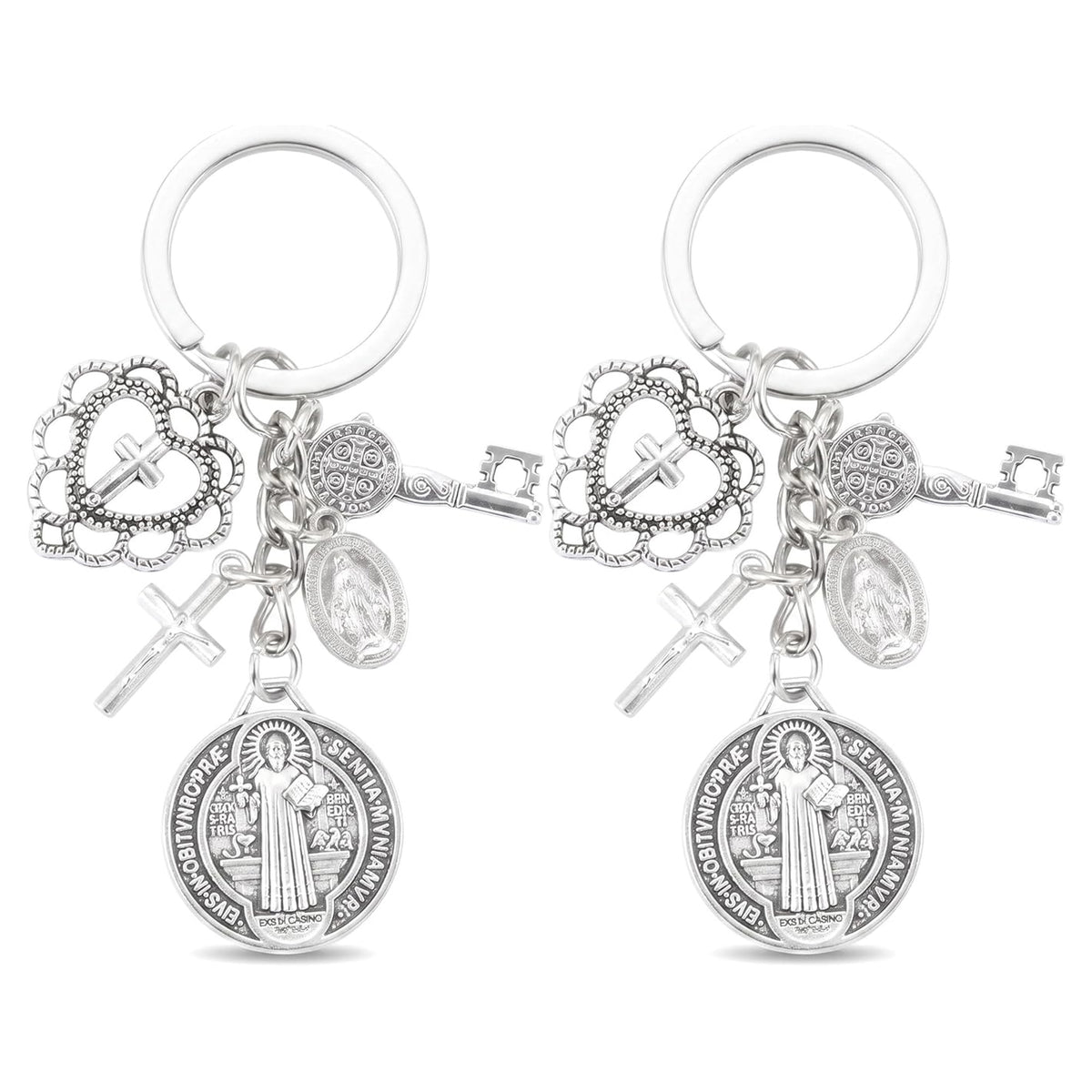 2Pcs St. Benedictine Virgin Mary Cross Keychain with Circle Pendant - Perfect Small Gift