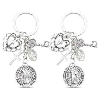 2Pcs St. Benedictine Virgin Mary Cross Keychain with Circle Pendant - Perfect Small Gift