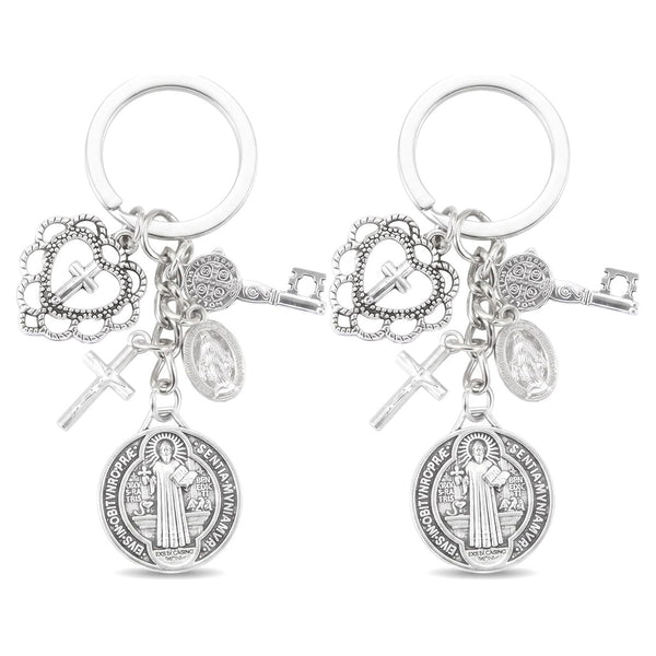 2Pcs St. Benedictine Virgin Mary Cross Keychain with Circle Pendant - Perfect Small Gift