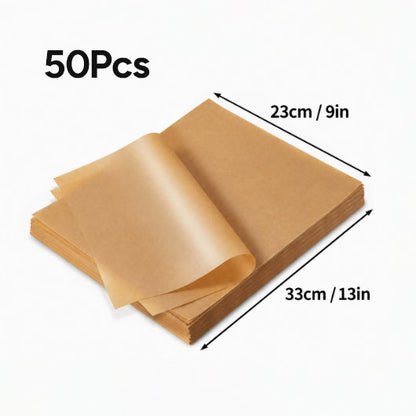 50Pcs Precut Rectangular Parchment Paper Sheets- Heavy-Duty Bakeware, Non-Stick Unbleached Brown