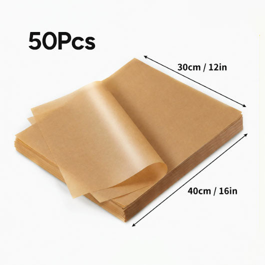 50Pcs Precut Rectangular Parchment Paper Sheets- Heavy-Duty Bakeware, Non-Stick Unbleached Brown