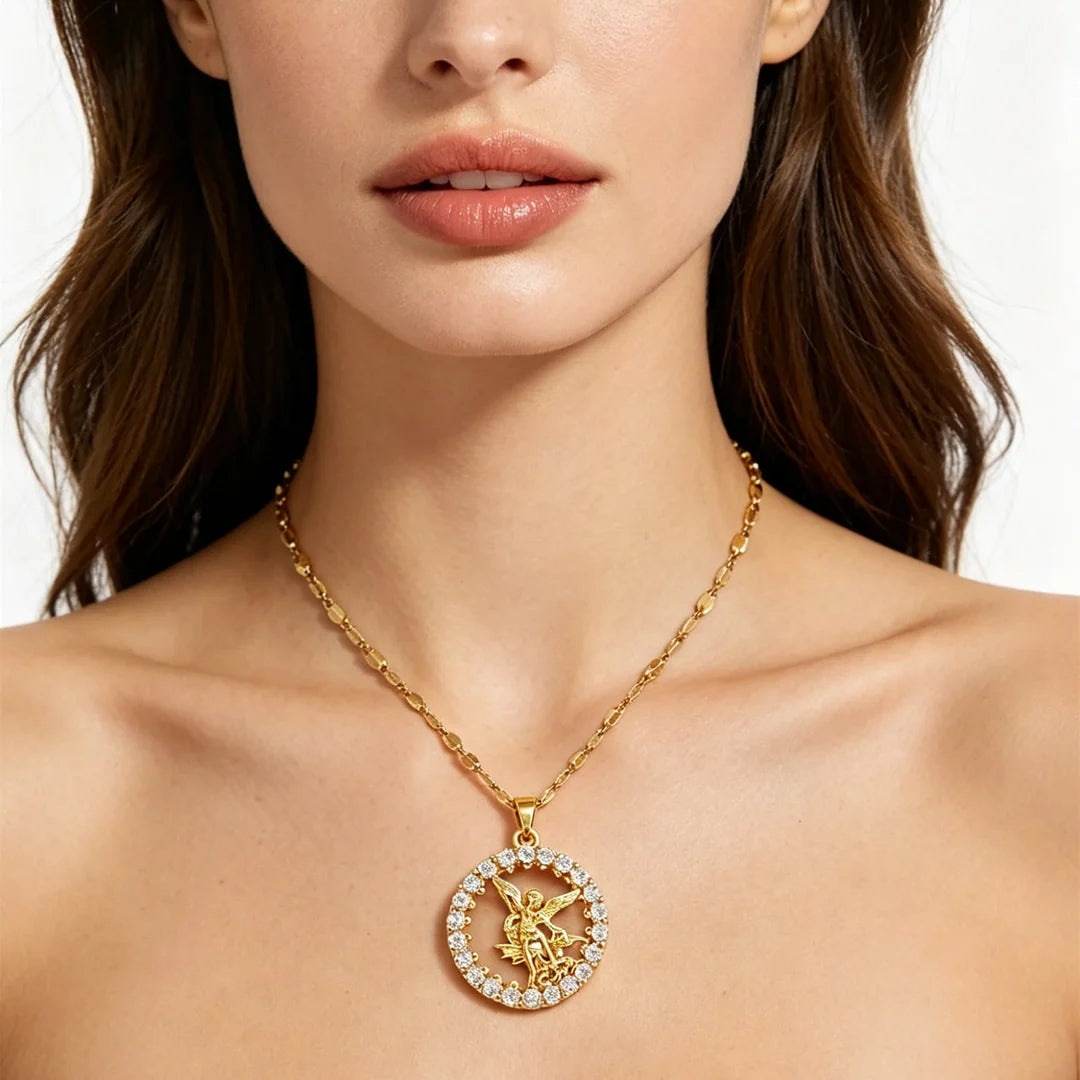 Zircon Halo St. Michael Circle Pendant Necklace: Token of Heavenly Archangel Protection