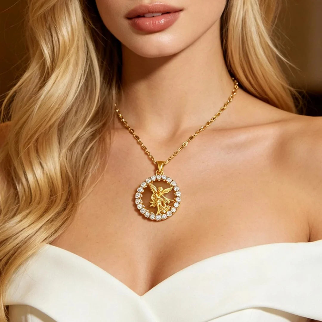 Zircon Halo St. Michael Circle Pendant Necklace: Token of Heavenly Archangel Protection