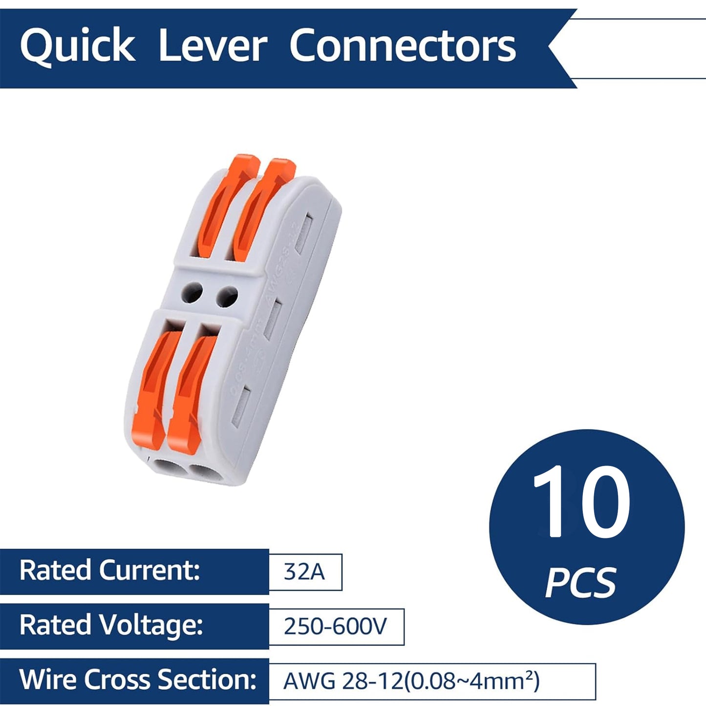 10Psc Inline Compact Wire Connectors, Inline Wire Connector, Push Quick Lever Wiring Nuts for 28-12 AWG