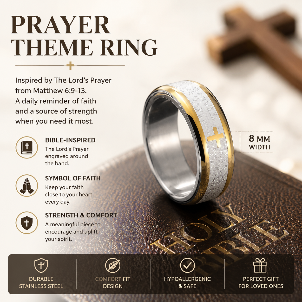 Prayer Stainless Steel Ring | 316L, Lord's Prayer Rotatable Ring