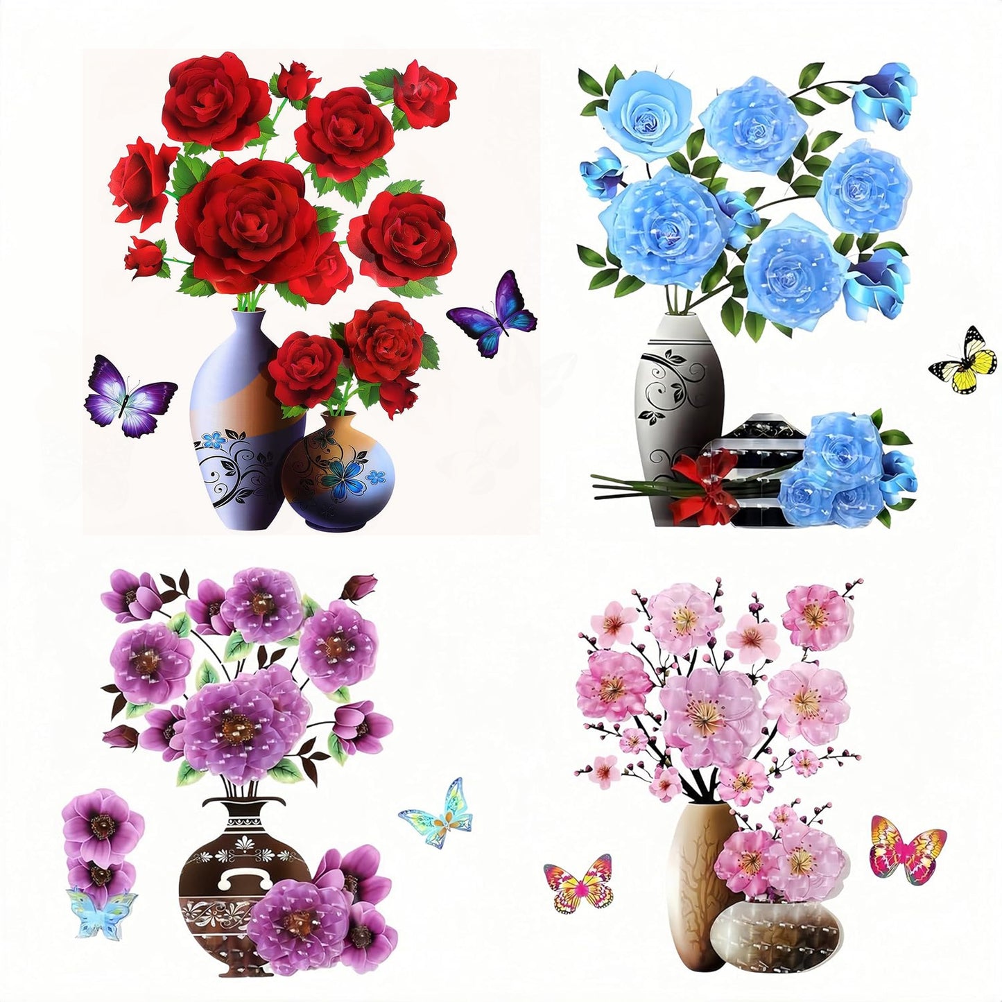 4PCS 3D Vase Stereo Flower Wall Stickers - DIY Purple Superposition Floral Decal - Removable Waterproof Art