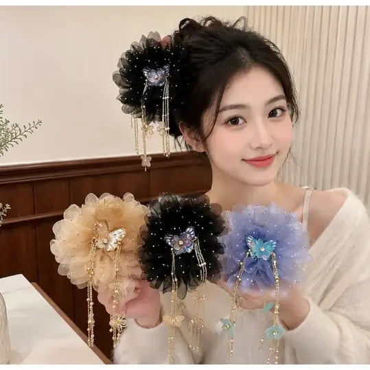 3-Piece Butterfly Tassel & Tulle Peony Hair Clip Set, Non-Slip Claw Clip