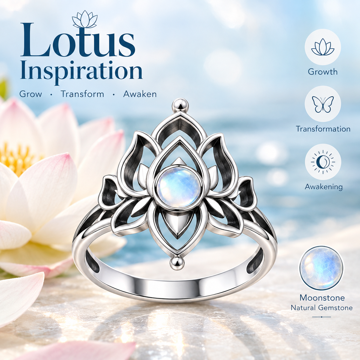 Moonstone Lotus Ring, Vintage Spiritual Growth and Enlightenment Jewelry
