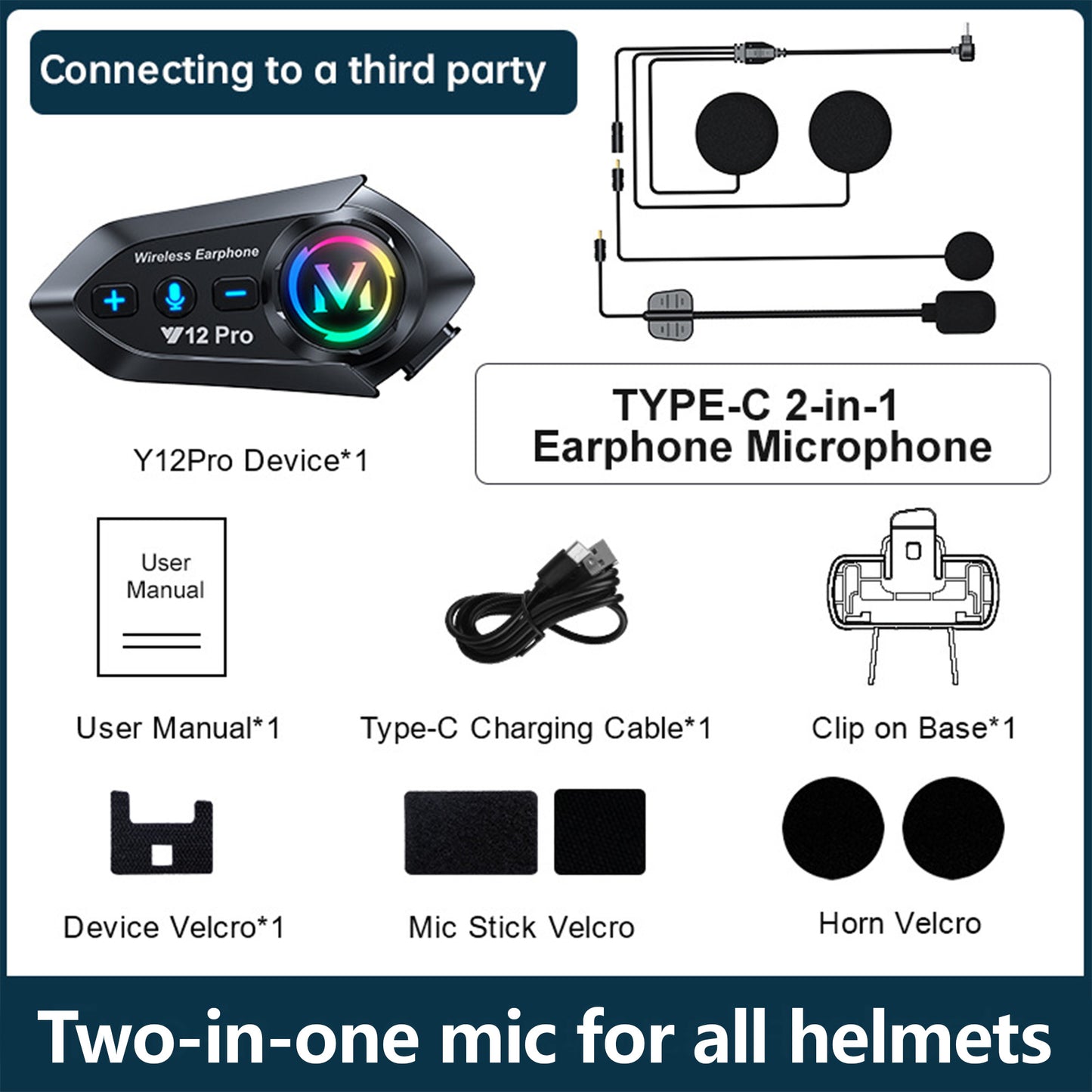 Y12Pro Motorcycle Intercom Helmet Bluetooth 5.4 Headset with 2-in-1 Mic IP56 Waterproof