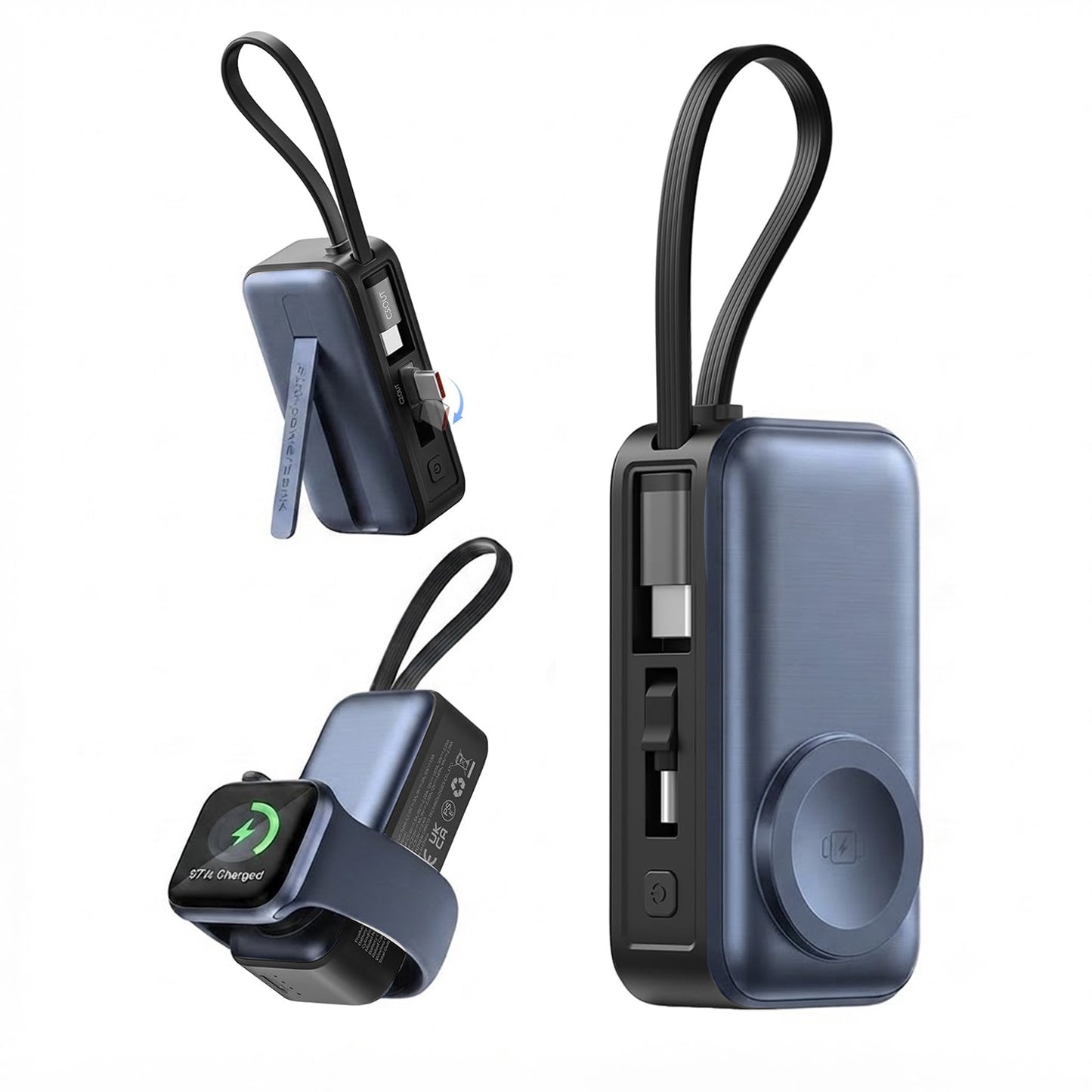 3-in-1 5000mAh Portable Charger with Built-in USB-C Cable | Mini Power Bank for Apple Watch