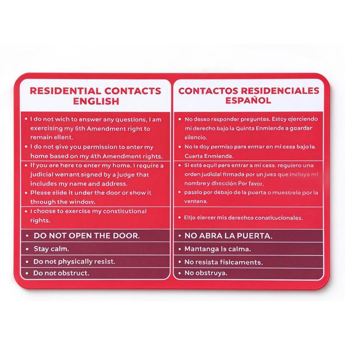 Know Your Rights Red Card, English Spanish Bilingual Immigration Pocket Card