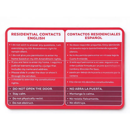 Know Your Rights Red Card, English Spanish Bilingual Immigration Pocket Card