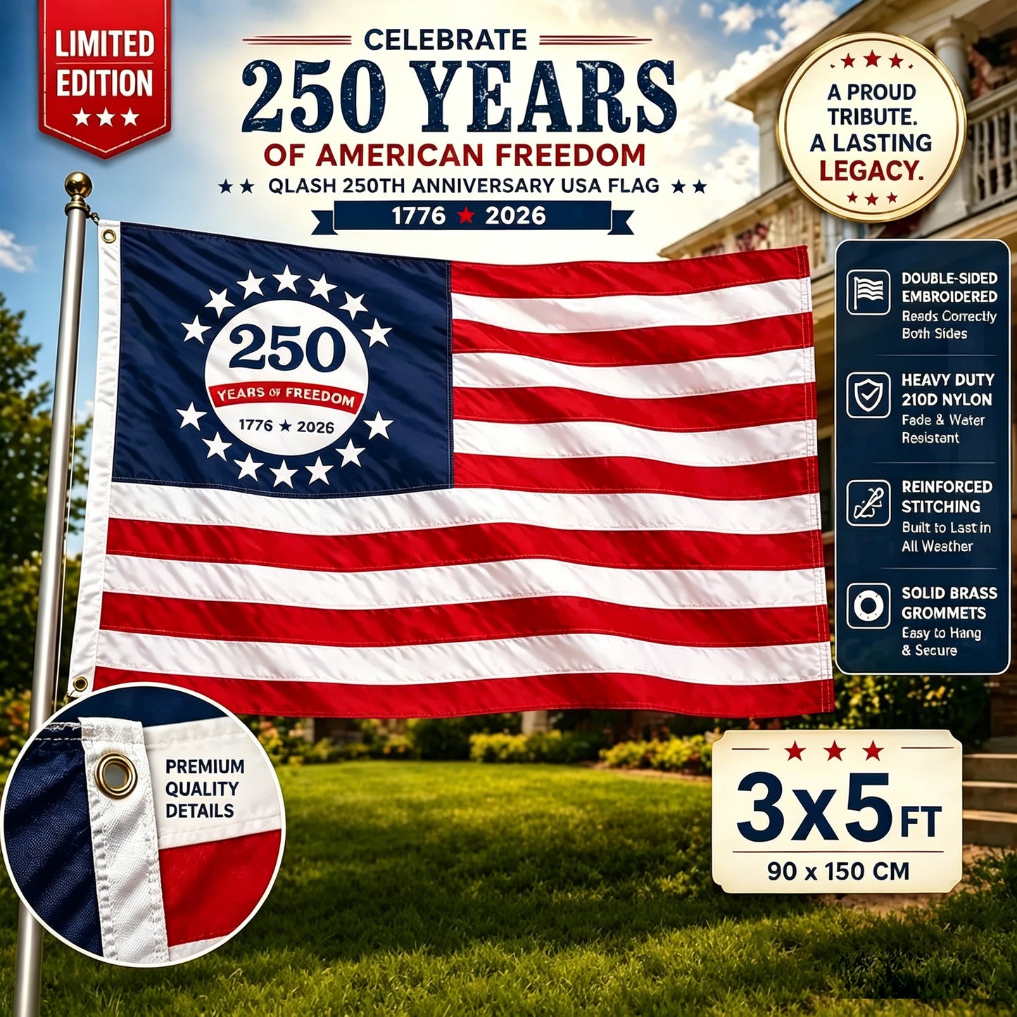 250 Years 1776 2026 Anniversary USA Flag 3x5 ft Outdoor, Embroidered Betsy Ross 250th Flags for Outside