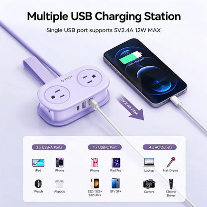 ORICO Purple Travel Power Strip with 4 AC Outlets 3 USB Ports