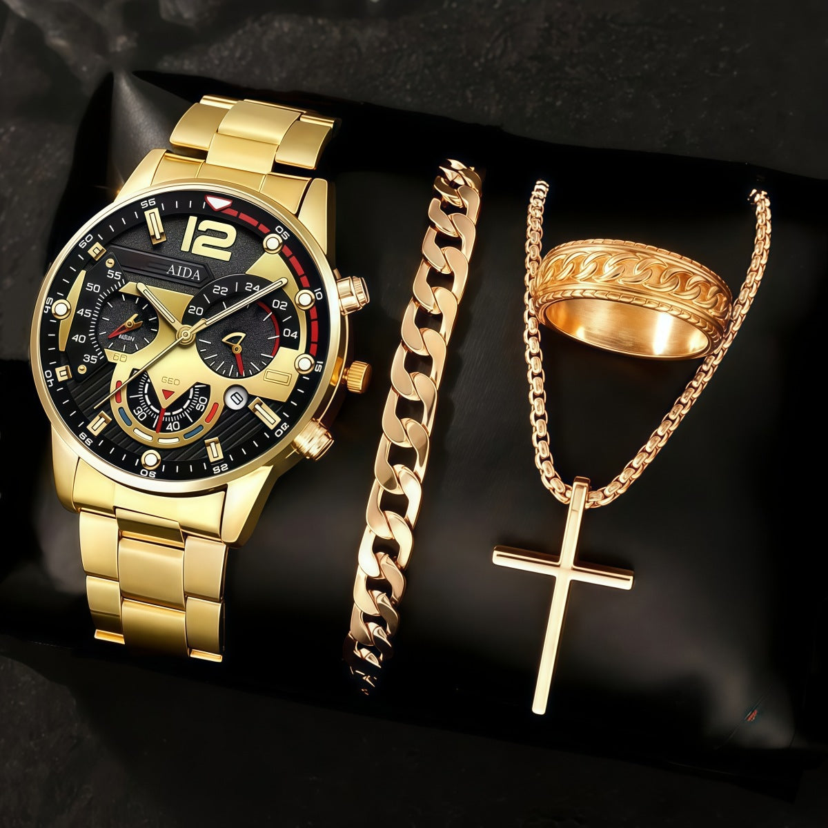 Men's 4-Piece Minimalist Quartz Watch Jewelry Set - Includes Bracelet, Necklace, Ring, Elegant Gift Box