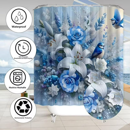 Blue Bird Shower Curtain, Weighted Hem, Anti-Mould, Water-Repellent, Washable with 12 Eyelets & Curtain Rings