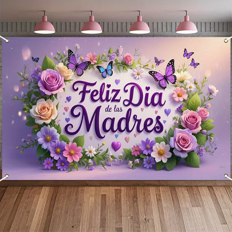 Spanish Mother's Day Banner with Colorful Roses & Glittering Butterflies - 180*110cm