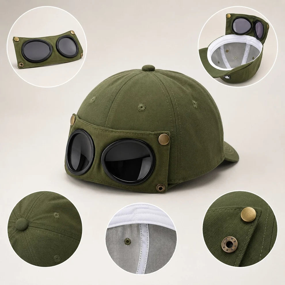 Detachable Goggle Pilot Baseball Cap Vintage Hat for Street Fashion & Daily Outfit