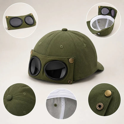 Detachable Goggle Pilot Baseball Cap Vintage Hat for Street Fashion & Daily Outfit
