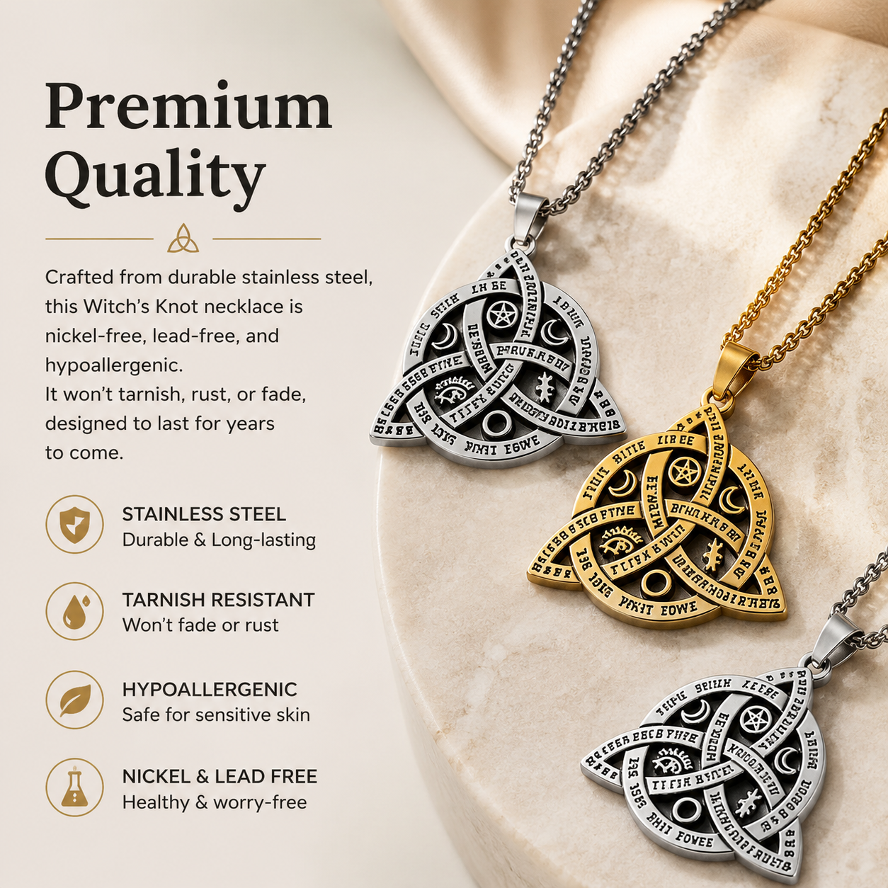 Witch Knot Necklace, Celtic Trinity Knot Triple Goddess Triquetra Pendant with Engraved Inspirational Quotes