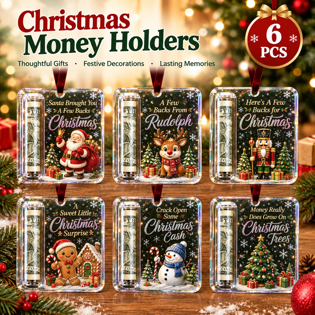 6Pcs Christmas Cash Gift Holder Ornament