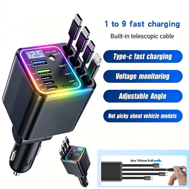 9-in-1-120W Retractable Car Charger with Star Projector Night Light and LED Decorative Light