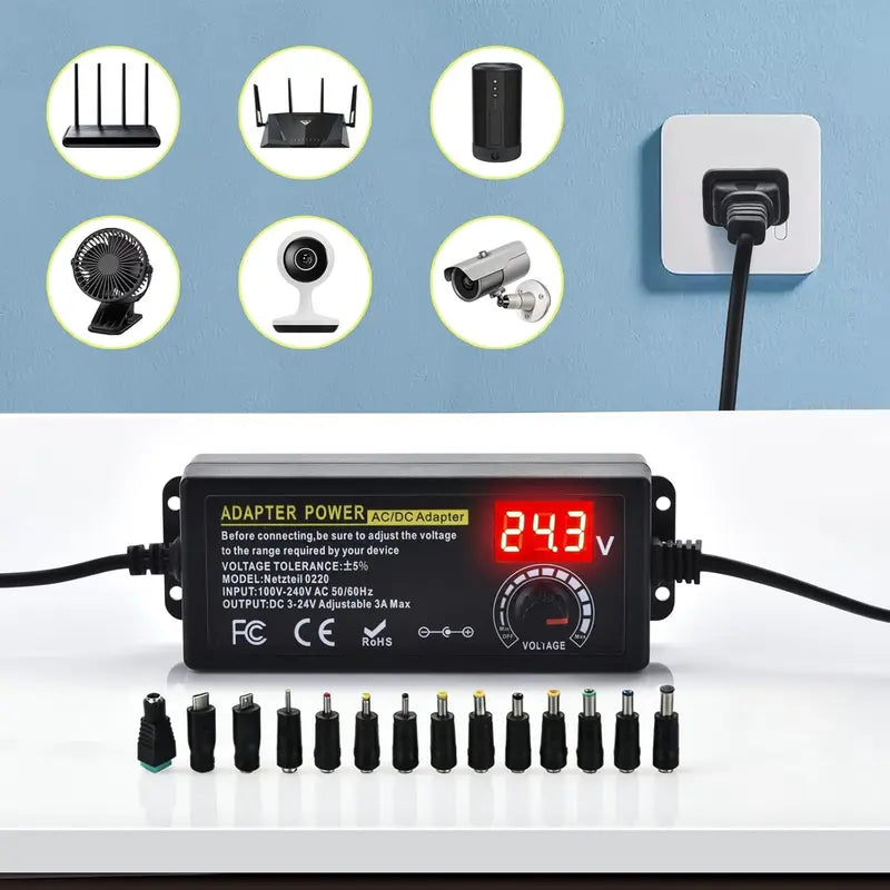 Adjustable Universal Power Supply 3V-24V 3A Max (72W) AC to DC Adapter with 14 Tips & Reverse Polarity Cable